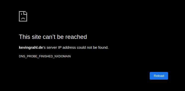 Chrome Screenshot: This site can't be reached. kevingrahl.de's server IP address could not be found. DNS_PROBE_FINISHED_NXDOMAIN