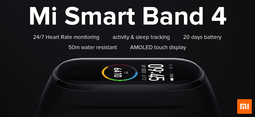 Text: Mi Smart Band 4, 24/7 Heart Rate monitoring, activity & sleep tracking, 20 days battery, 50m water resistant, AMOLED touch display. At the bottom an image showing a black version of the mi band 4 and Xiamoi's orange logo in the bottom right corner