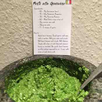 Marble mortar containing pesto alla genovese