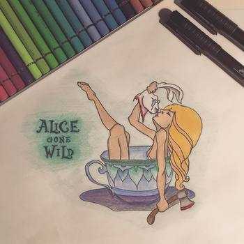 Alice from Alice in Wonderland nakedly lounging in a teacup. In one hand an axe, in the other a rabbits head which she's kissing