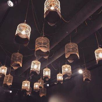 Light bulbs hanging from the dark ceiling inside of golden bird cages
