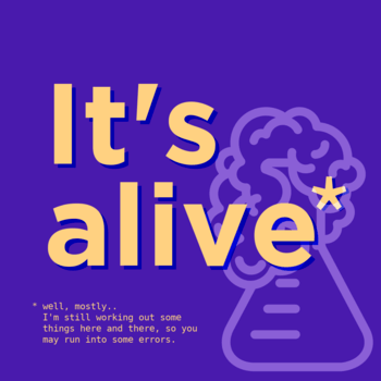 Gold text on purple background: It's alive. Erlenmeyer flask in background