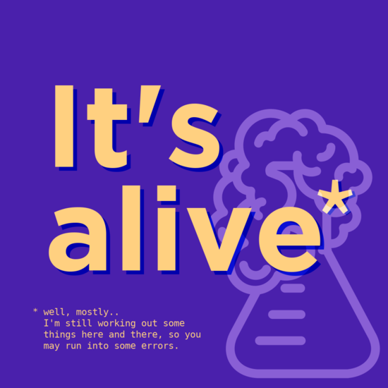 Gold text on purple background: It's alive. Erlenmeyer flask in background
